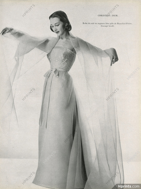 Christian Dior 1953 Robe du soir en Organza bleu pâle, Bianchini Férier, Strapless Dress