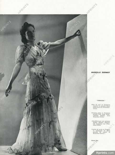 Marcelle Dormoy 1939 Evening Gown, Organza printed with large multicoloured flowers, Bianchini Férier