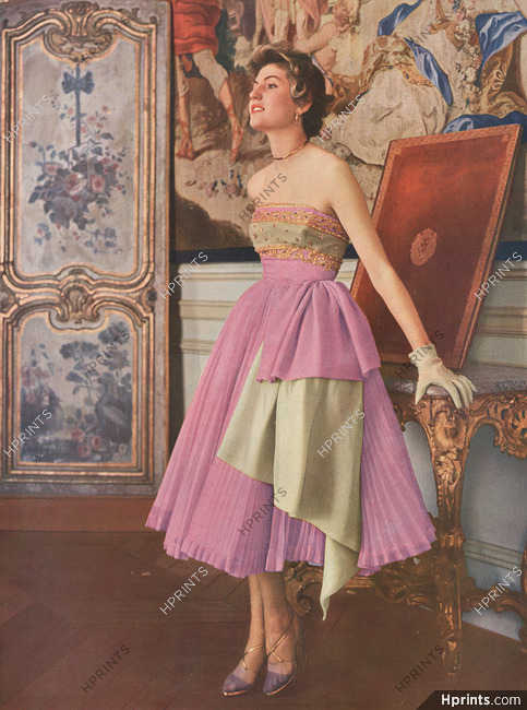 Jacques Fath 1950 Evening Gown, Strapless Dress, Robe du soir plissée, Bianchini Férier