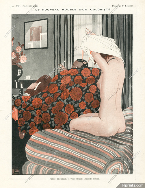 Léonnec 1923 "Le Nouveau Modèle d'un coloriste" Sexy looking girl Undressing Nude Art Deco