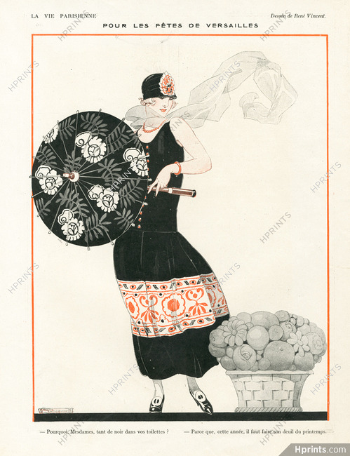Pour les fêtes de Versailles, 1923 - René Vincent Elegant Parisienne, Umbrella, Black Summer Dress, Scarf