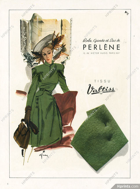 Perlene 1945 René Gruau, Valtiss, Green Dress