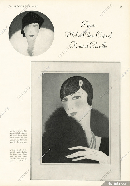 Madame Agnès 1927 Reynaldo Luza, chenille cap, oval brooch