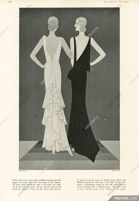 Worth 1930 Evening Gowns, Black and White Velvet, Backless, Reynaldo Luza