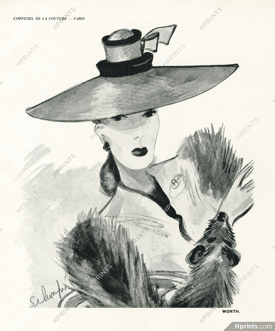 Worth 1939 Large hat with blue velvet, Fur Fox, Schompré