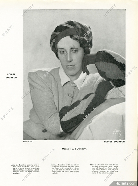 Mrs Louise Bourbon (Portrait) 1933 Sport Béret, metal clip, Gants en tricot, Photo Madame D'Ora