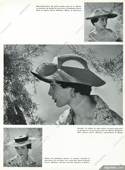 Paulette 1954 Cloche en feutre gris sur gros grain blanc, Boinet earrings, Photo Philippe Pottier
