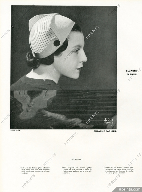 Suzanne Farnier 1934 Small hat in bakou with navy blue gros grain ribbon buttons, Photo D'Ora