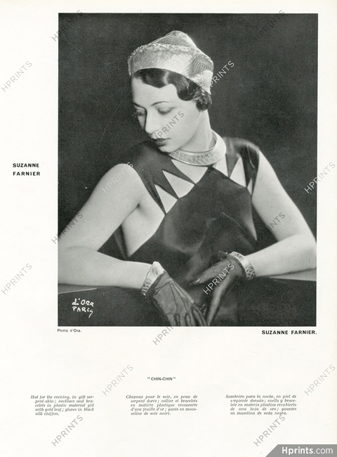 Suzanne Farnier 1934 chapeau pour le soir en peau de serpent dorée, Photo D'Ora