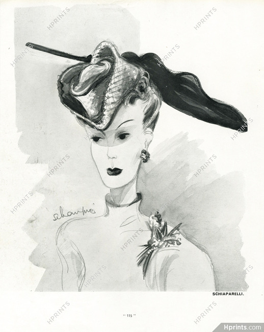 Schiaparelli (Hat) 1939 Paillasson jaune soufre garni d'une plume d'oie noire, Schompré