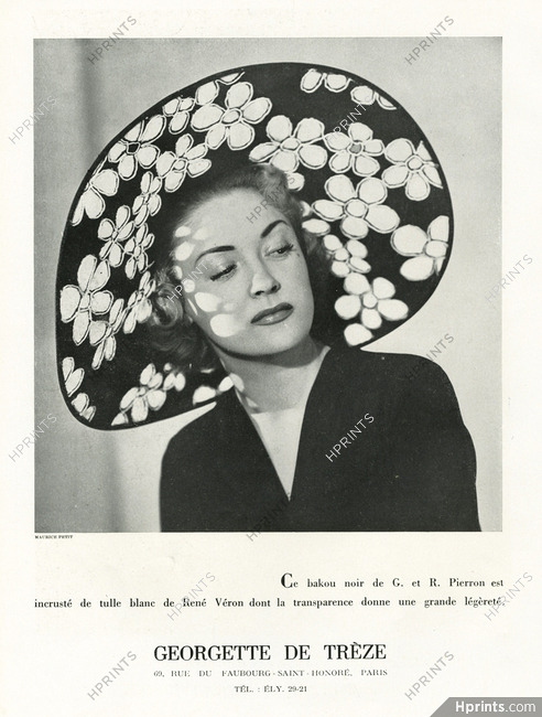 Georgette de Trèze (Millinery) 1949 Capeline noire incrustée de tulle blanc, René Véron