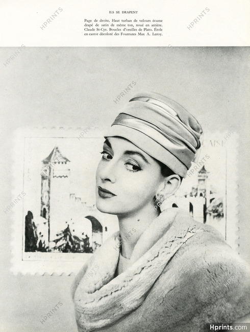Claude Saint-Cyr 1956 Turban de velours drapé de satin, Plato earrings