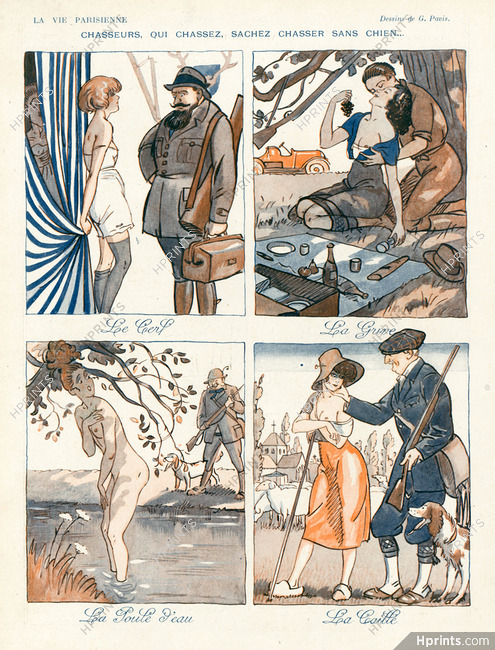Georges Pavis 1919 Hunting, "Le cerf, la grive, la poule d'eau, la caille" Comic Strip