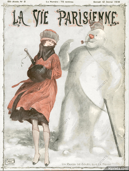 Georges Léonnec 1918 "Un rayon de soleil sur la Neige" Elegant Parisienne, Winter Snowman