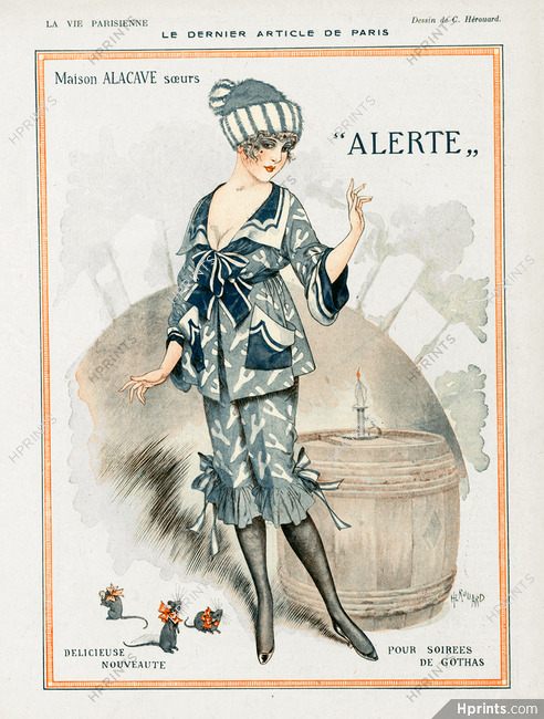 Chéri Hérouard 1918 Maison Alacave Soeurs "Alerte", Pyjama pour soirées de gothas, Fashion illustration