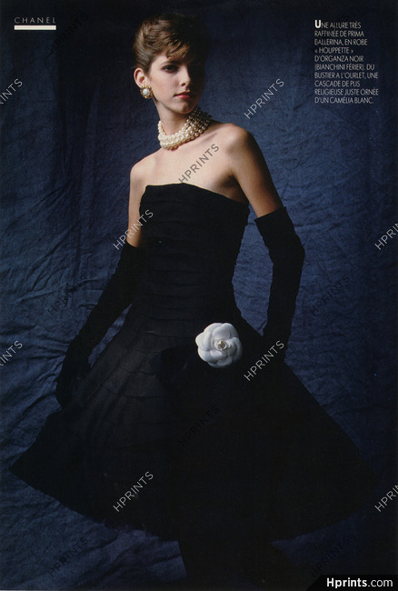 Chanel 1986 Robe Noire en Organza, Bianchini Férier, Camélia, Strapless Dress