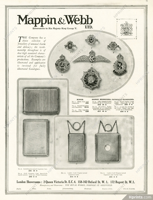Mappin & Webb 1918 Badge brooches, rings, cigarette and vanity case