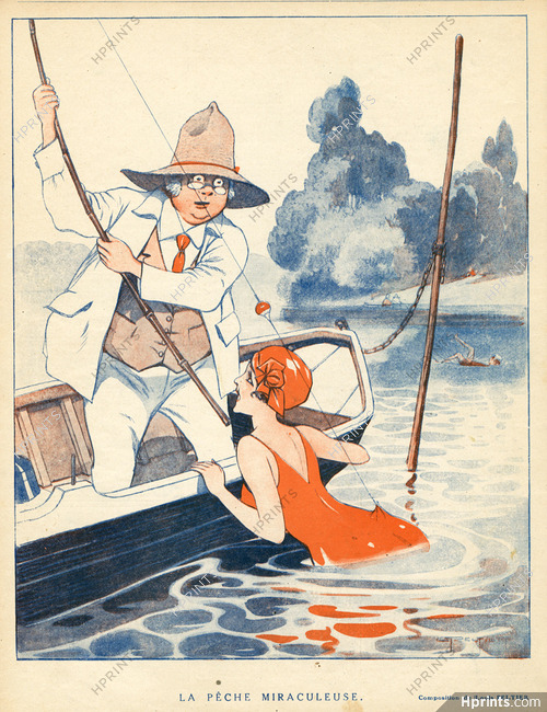 Louis Peltier 1919 "La Pêche miraculeuse", Fishing, Bathing Beauty