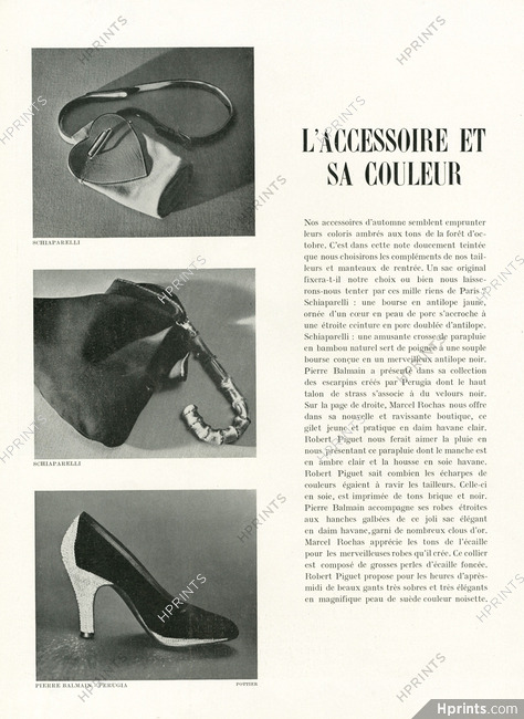 Schiaparelli (Handbags) 1949 Bourse en antilope, Crosse de parapluie en bambou, Balmain Perugia Shoes