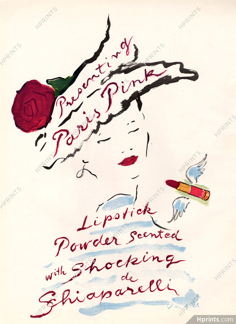Schiaparelli (Cosmetics) 1946 Marcel Vertès, Presenting Paris Pink Lipstick Powder Shocking