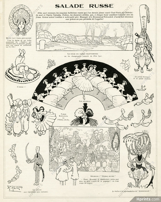 Henri Avelot 1910 Salade Russe, Tamara Karsavina, l'Oiseau de Feu, Danses Polovtsiennes, Les Sylphides, Scheherazade, Russian Ballet