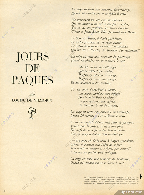 Jours de Pâques, 1958 - Texte par Louise de Vilmorin