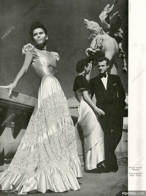 Maggy Rouff & Schiaparelli 1948 Evening Gown, Lace, Moujin, René Véron
