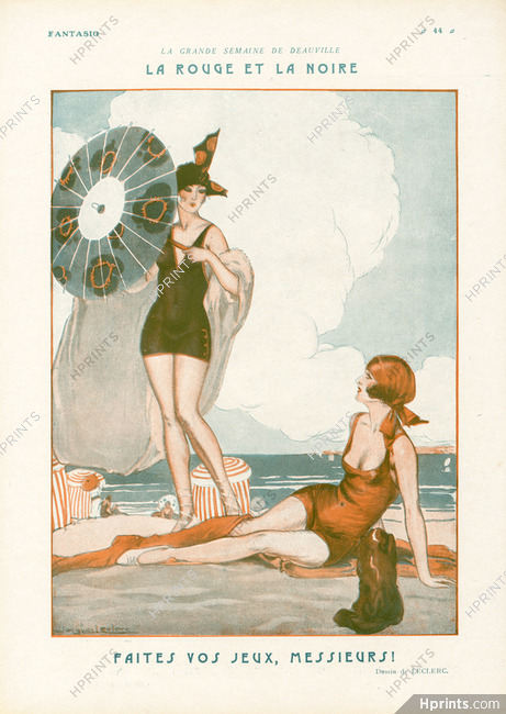 Jacques Leclerc 1923 La Rouge et la Noire, Deauville, Bathing Beauty, Pekingese Dog
