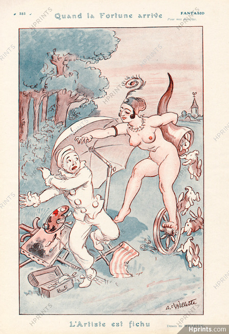 Adolphe Willette 1924 Quand la Fortune arrive... L'artiste est fichu, Nude, Painter, pierrot