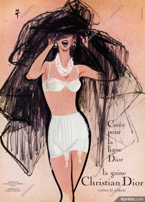 Christian Dior (Lingerie) 1959 Brassiere, Girdle, Gorge D64, Ceinture D34, René Gruau