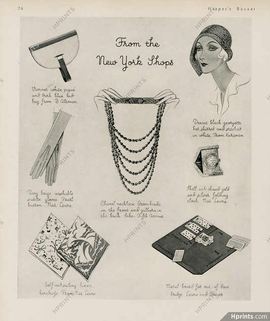 Rose Descat, Madeleine Vionnet, Chanel, Nat Lewis 1930 Fashion Goods, Bag, Necklace, Gloves, Hat