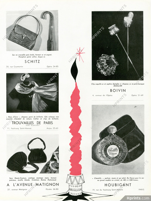 René Boivin, Jane Blanchot, Schitz, Denise Poitrenaud, Houbigant 1952 Fashion Goods, Jewels, Bags