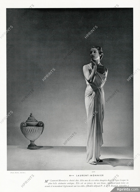 Alix 1937 Mme Laurent - Monnier, White draped dress, Photo Eugène Rubin