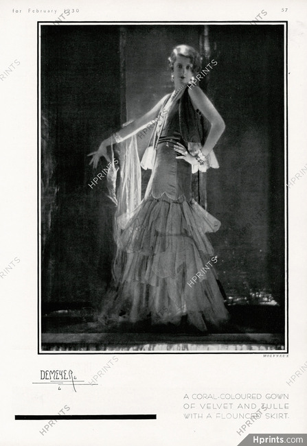 Molyneux 1930 Velvet and tulle gown with a flounded skirt, Photo Demeyer