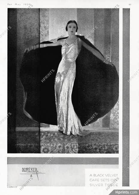 Chéruit 1930 Black Velvet Cape, Silver Tissue, Photo Demeyer