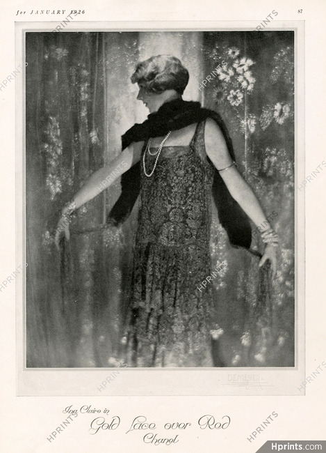 Chanel 1926 Ina Claire in Gold Lace over Red, Evening Gown, Photo Demeyer