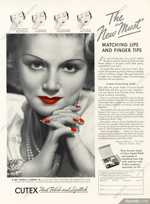 Cutex 1935 Mrs Francis L. Robbins, Nail Polish, Lipstick