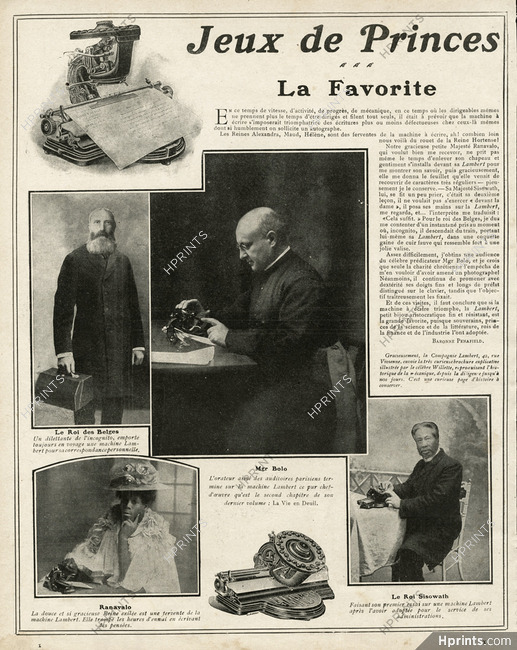 Lambert (Typewriters) 1908 Le Roi des Belges, Mgr Bolo, Ranavalo, Le Roi Sisowath