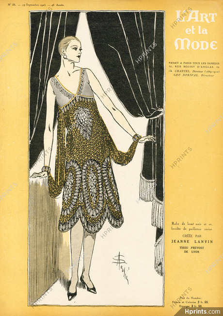 Jeanne Lanvin 1925 Robe de lamé noir et or, brodée de paillettes cerise, Evening Gown, Soulié