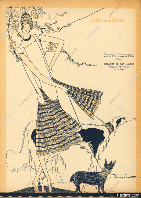 Jean Magnin 1925 Robe Shantung écossais, Kilt en crêpe blanc, Prevost (Fabric) Paul Scavone, Sighthound, Collar Dog