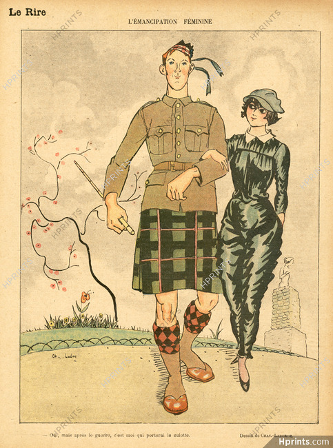 Chas Laborde 1918 "Emancipation Féminine", Scottish Traditional Costume, tartan skirt