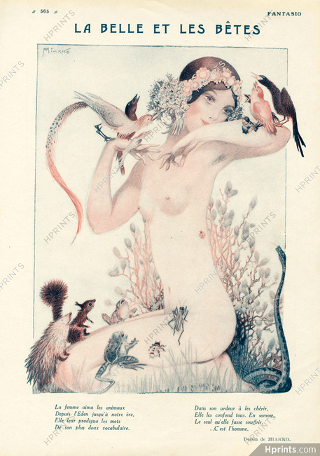 Miarko 1923 "La Belle et les Bêtes" The Beauty and Animals, Bird, Snake, Frog, Squirrel, Sexy Nude