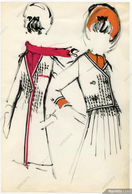 Pierre Balmain 1960 Original Fashion Drawing