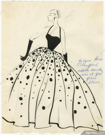 Jacques Heim 1953 Original Fashion Drawing, Strapless Dress "Enigme"