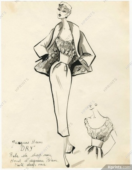 Jacques Heim 1953 Original Fashion Drawing, Dress, Suit "Dry"
