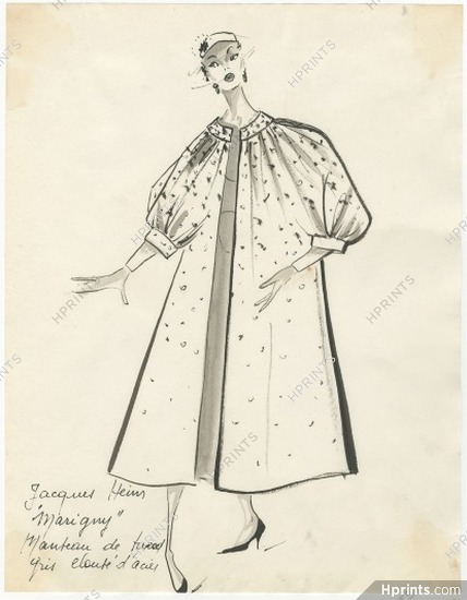 Jacques Heim 1953 Original Fashion Drawing, "Marigny", gray tweed coat, studded with steel