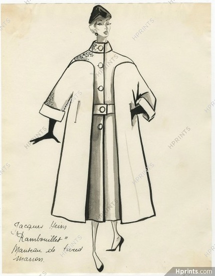 Jacques Heim 1953 Original Fashion Drawing, "Rambouillet", Coat Tweed