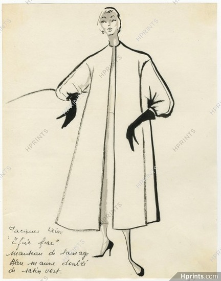 Jacques Heim 1953 Fric Frac, Original Fashion Drawing, Coat