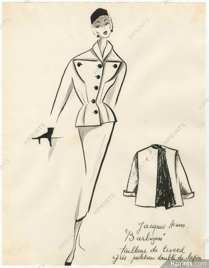 Jacques Heim 1953 Original Fashion Drawing, Suit "Barbizon"