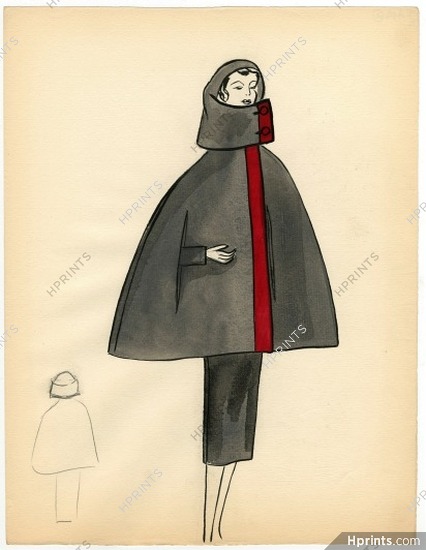 Bassia 1957 Original Fashion Drawing, Cape Cagoule